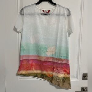 Desigual Women’s Asymmetrical Short Sheer Sleeve Tee - Made in Spain - L